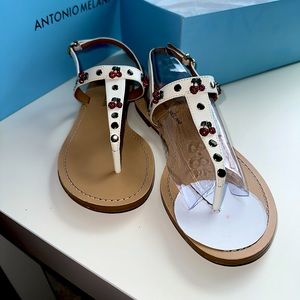 NEW!! Antonio Melani Chereese T-Strap Sandal, white with gemstone cherries, 7.5